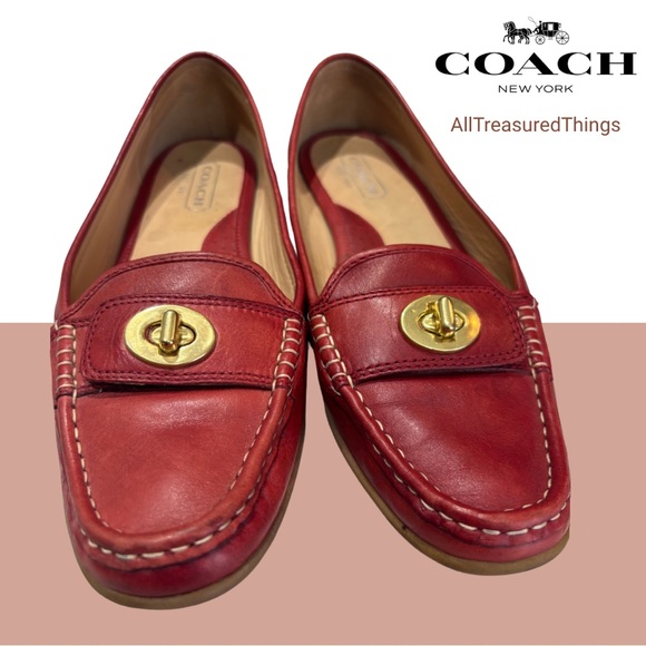 Coach Red Leather Flats with Gold Turnlock - Picture 1 of 15